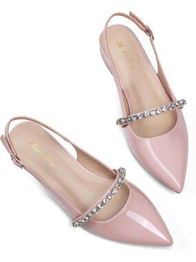 Women's Pink Slingback Flats with Rhinestone Pointed Toe Flats Dressy Shoes